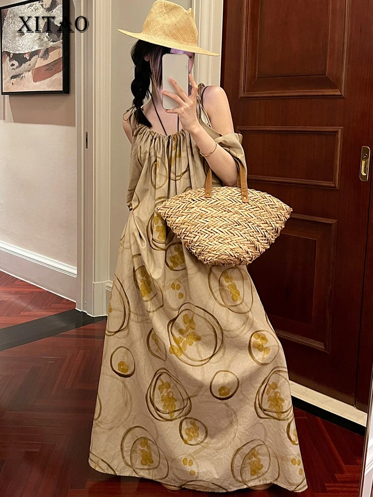 

XITAO Повседневное платье на бретелях с принтом для женщин, Корея, лето 2023, Новое поступление, индивидуальное модное свободное платье с круглым вырезом, свободное платье HQQ0511