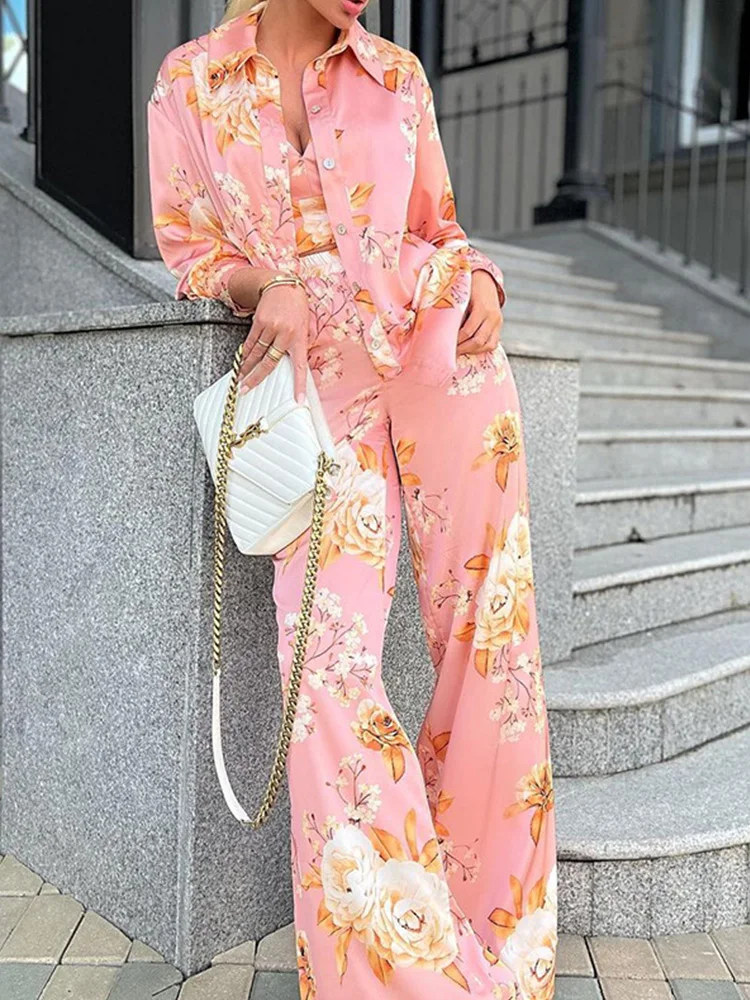 

Floral Print Long Sleeve Shirt with Cami Tops & Pants Set Casual Women 3pcs Set Outfits