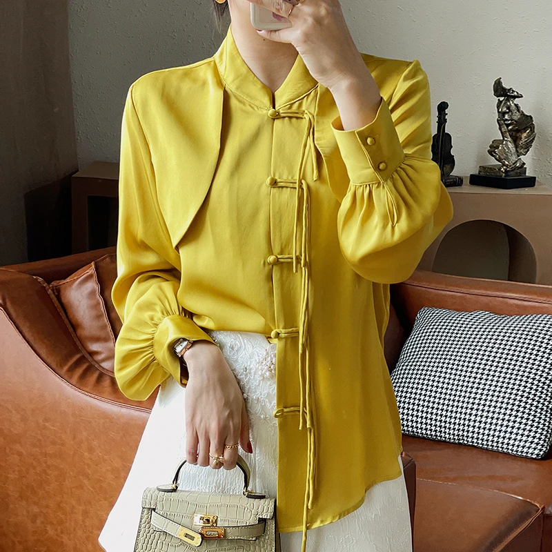 

Vintage Women's Shirt Chinese Style Mandarin Collar Long Sleeve Woman Shirts Blouses Loose Tops Female Real Silk Solid Blouse