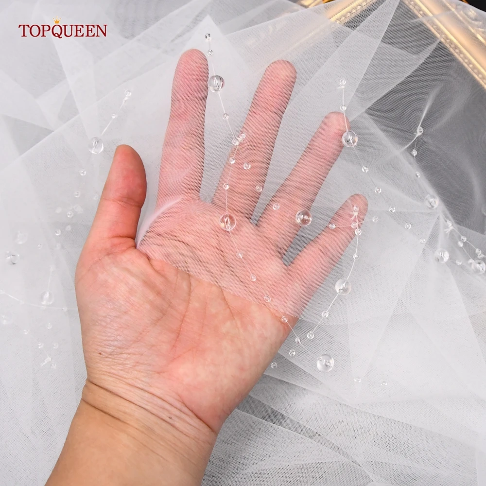 TOPQUEEN Роскошная свадебная вуаль с кристаллами и цепочкой Двухуровневая белая