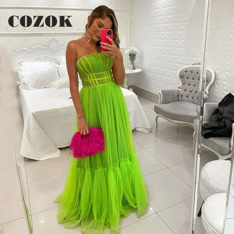 Lime Green Tulle Strapless Evening Dress Floor Length Pleated Simple A Line Women Prom Gowns Vestidos De Gala Custom Size
