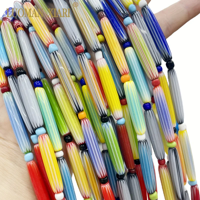 

5x30MM Rice Shape Nepal Style Handmade Glazed Print Lampwork Bead Loose Spacer Beads for Jewelry Making Diy Bracelet Accessories