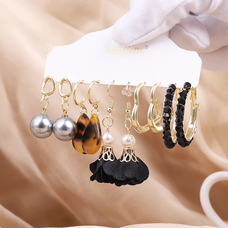 

BOSI 2022 black Hoops Earrings Set for Women Fashion Jewelry Statement Boho Gold Hoop Pearls Earrings Geometric Trend Long Boho