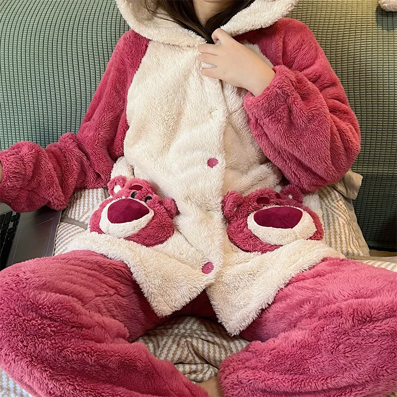 Ladies Pajama Sets Thicken Winter Warm Nightgown Comfortable Soft Sleepwear Suit Cute Fashion Style Pocket Design