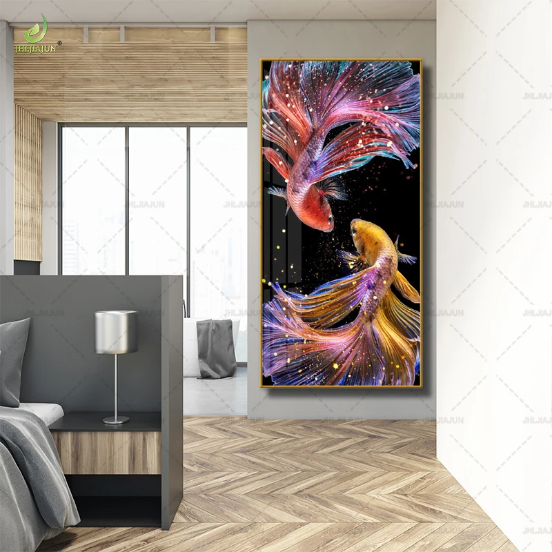 Изысканный постер HD Koi фон для входа Хрустальный фарфор Золотая рамка роспись