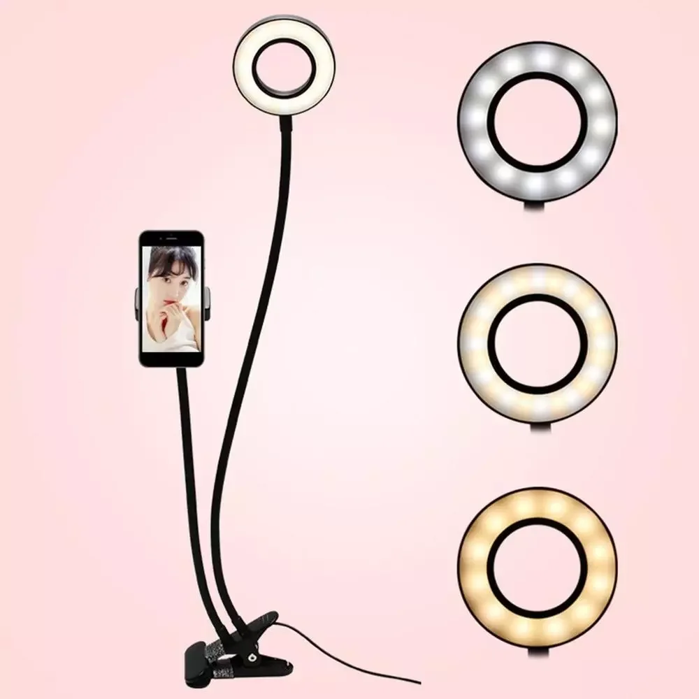 

2-in-1 Cell Holder with LED Selfie Ring Light for Live Stream Clip Adjustable Desk Lamp Makeup Light