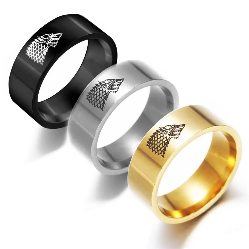 

A Song of Ice and Fire A Song of Ice and Fire Stark Jon Daenerys Logo Black Silver Fashion Jewelry Movie Men's Ring Wholesale