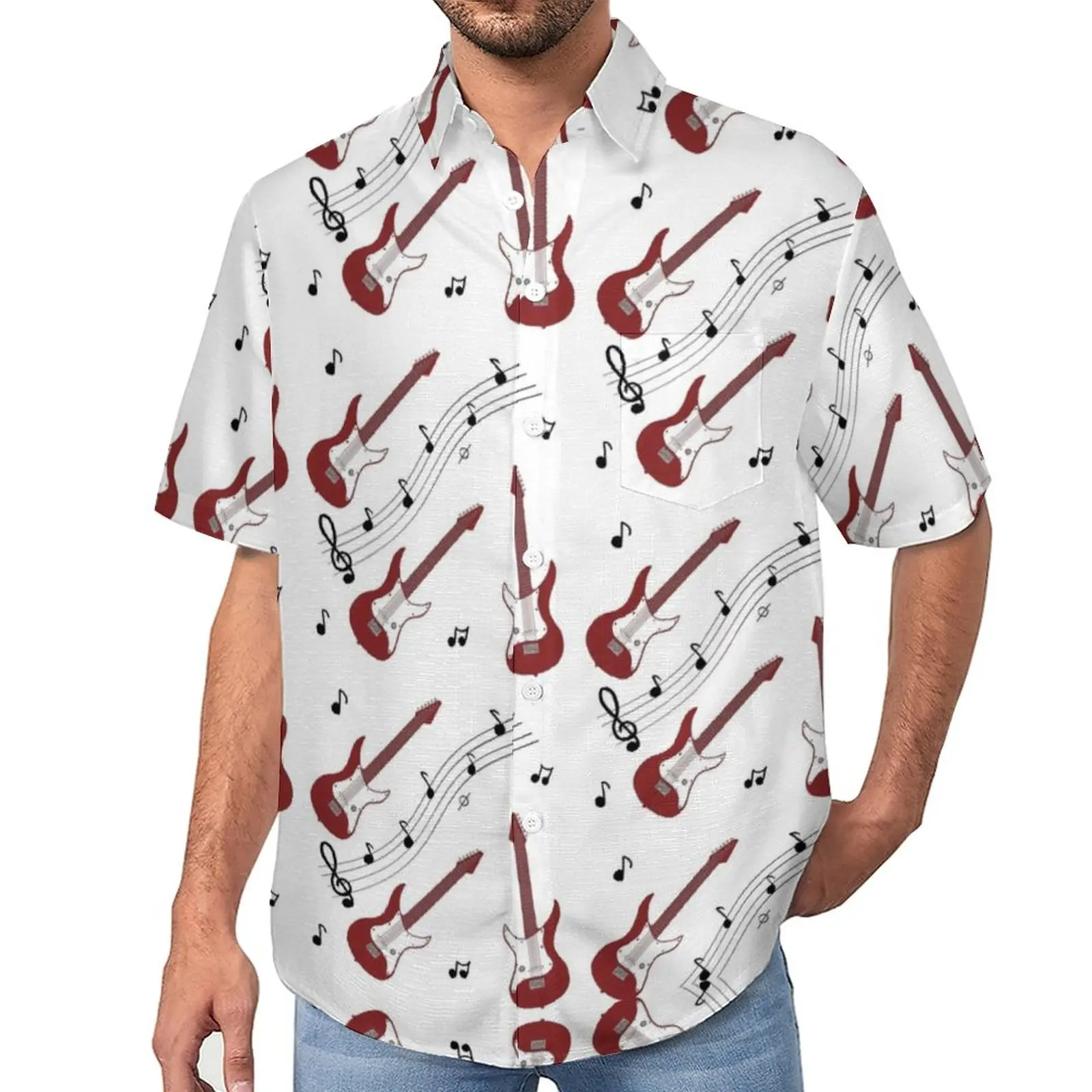 

Свободная рубашка SherI's Guitar Music, мужские пляжные рубашки в стиле рок, повседневные рубашки в гавайском стиле, блузки большого размера с коротким рукавом
