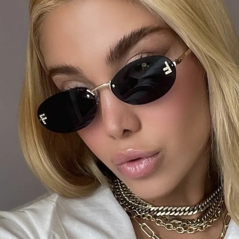 Женские солнцезащитные очки без оправы винтажные маленькие овальные из сплава