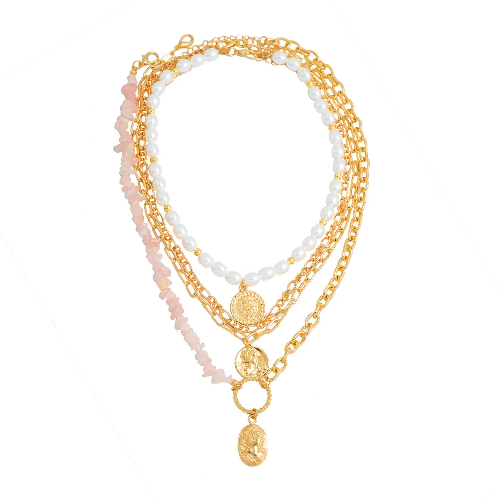 

Women Bohemia Gold Chains Natural Stone Beads Handmade Pearls Clavicle Necklace Cool Metal Jewelry