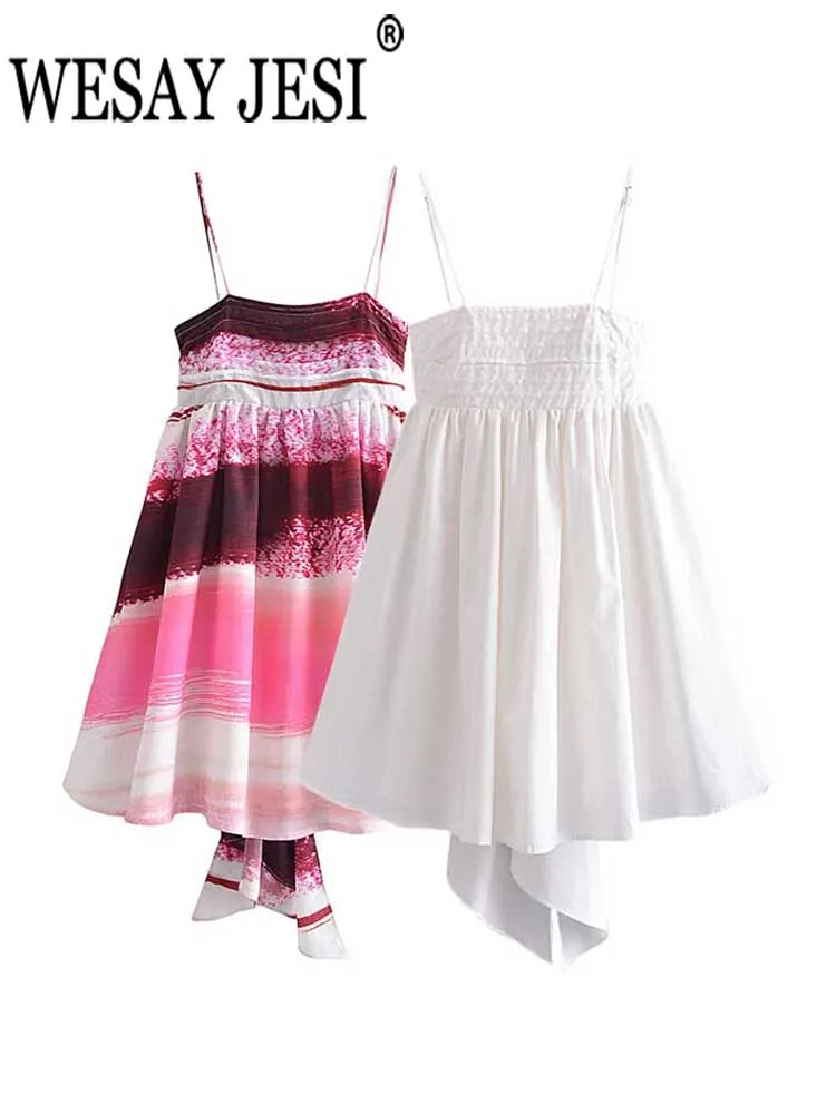 

WESAY JESI Summer Women Dress Mini Tube Top Spaghetti Straps Adjustable Backless Back Strap Bow Fashion Sweet Cute Swing Skirt
