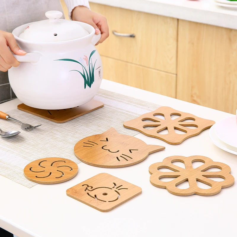 

Kitchen bamboo hollow wooden coaster thick table mat non-slip pot mat bowl mat tray mat coasters kitchen accessories