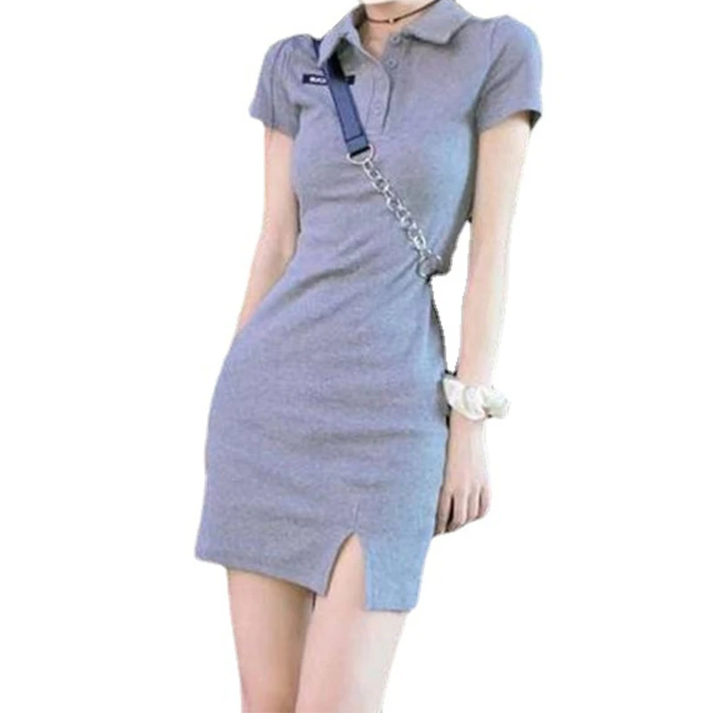 

Women Short Sleeve Vintage Lapel Buttons Front V-Neck Mini Bodycon Pencil Dress Solid Color Letters Split Hem Clubwear