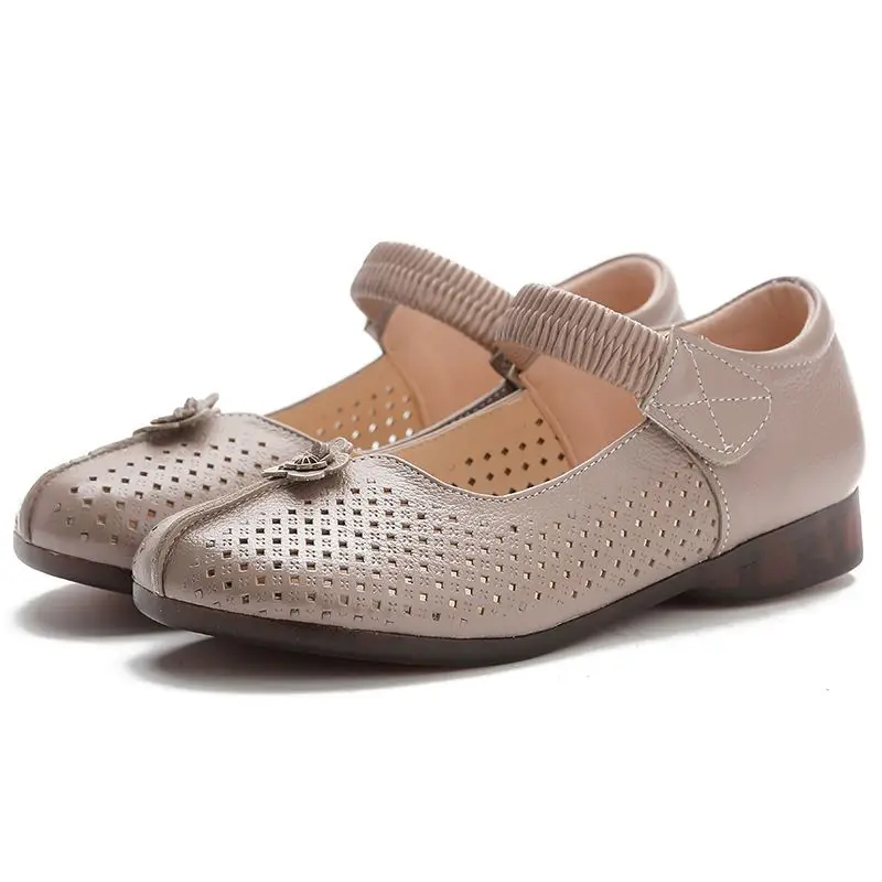 2023 New Summer Woman's Leather Flat Shoes Elegant Ladies Hollow Sandals Breathable Comfortable Female Ballet Flats Mom Shoes