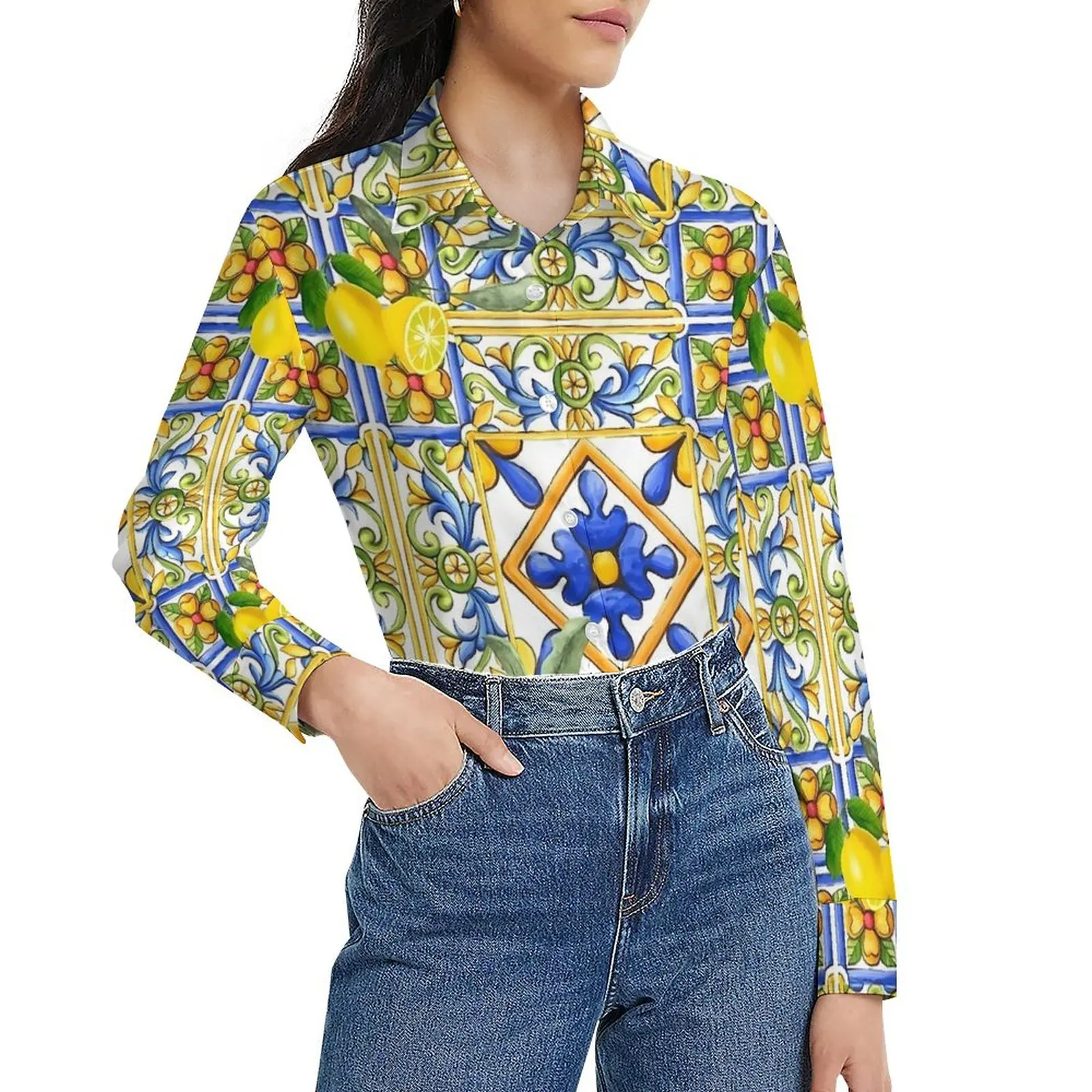 Majolica лимонная блузка с длинным рукавом цитрусовые цветы плитка забавные блузки