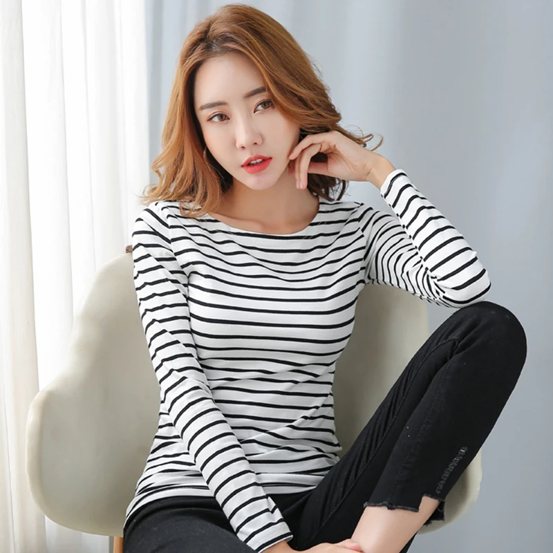 

2022 Spring Autumn Slim Long Sleeve Cotton Tshirt Women Striped Korean Style Clothes T-shirts Casual T shirt Female Stried Tshir