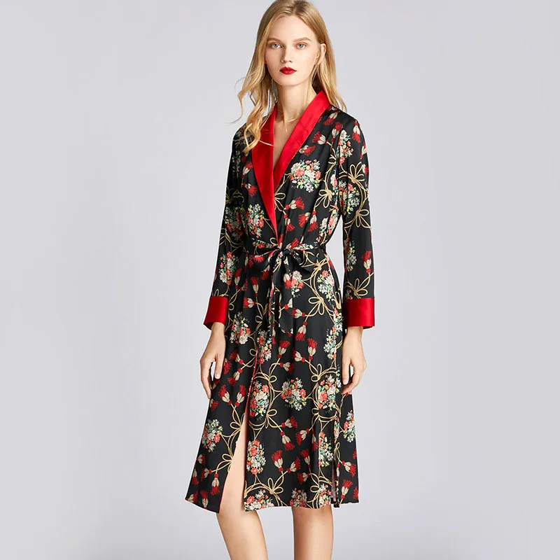 Women Satin Silk Sleep Dress Long Sleeve Lace Maxi Dress Robe Pajamas