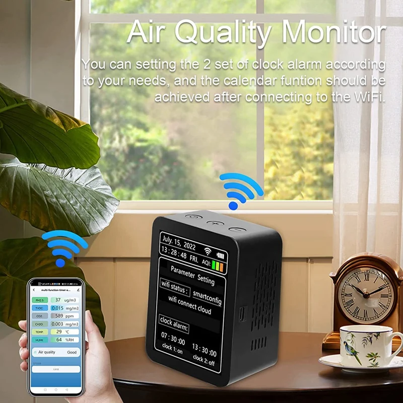 Умный детектор качества воздуха Tuya Wi-Fi 7 в 1 температуры и влажности PM2.5 CO2 TVOC HCHO