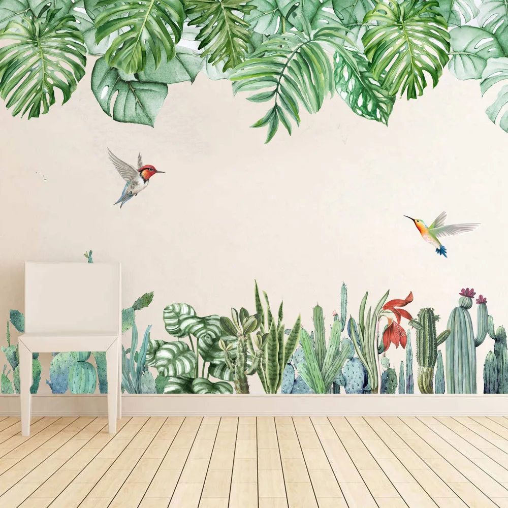Тропические зеленые листья птицы летающие настенные наклейки спальня гостиная