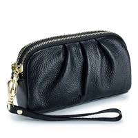 genuine leather women elegant pleated clutch wallet double zipper large capacity wristlet coin purses solid color phone bag