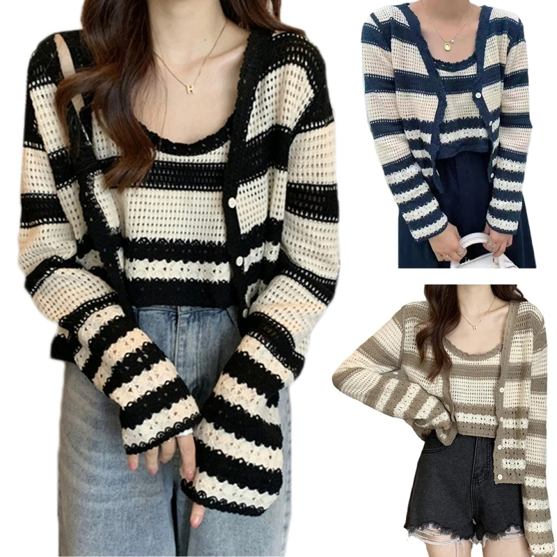 

Female Long Sleeve Cardigans Shawl Basic Hollow Out Knitted Suspender Tops Set Outwear Cardigans Sweater Coat Cover up