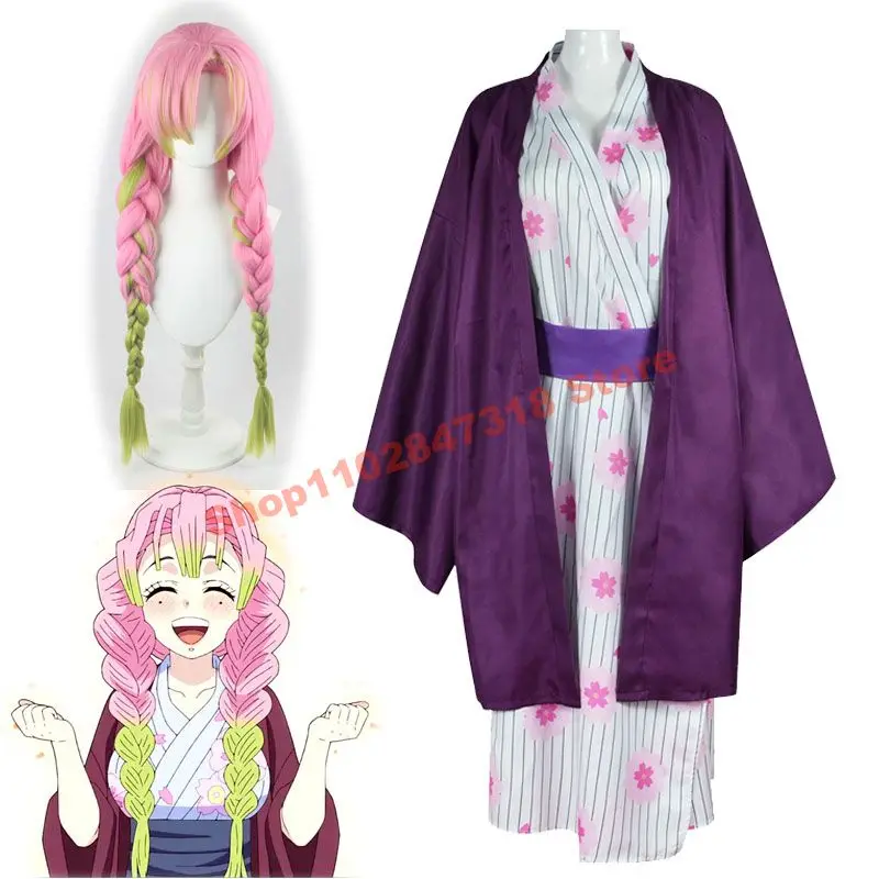 

Demon Slayer Kanroji Mitsuri Cosplay Yukata Kimetsu No Yaiba Kisatsutai Hashira Love Wig Headgear Kanroji's Kimono Anime Costume