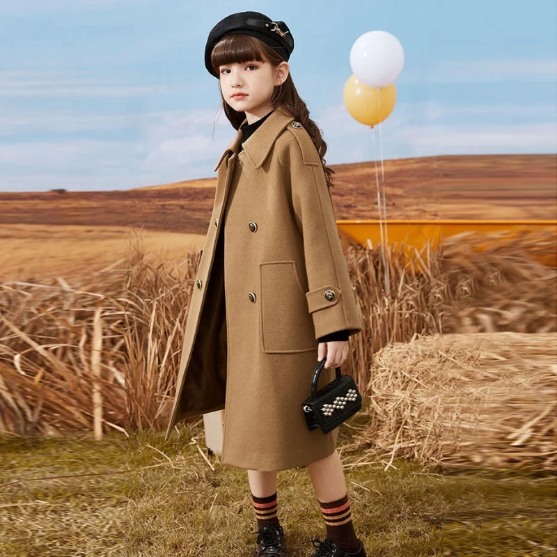 

Girls Woolen Coat Jacket Outwear 2022 Khaki Warm Plus Thicken Spring Autumn Cotton Overcoat Teenager Tops School Children's Clot