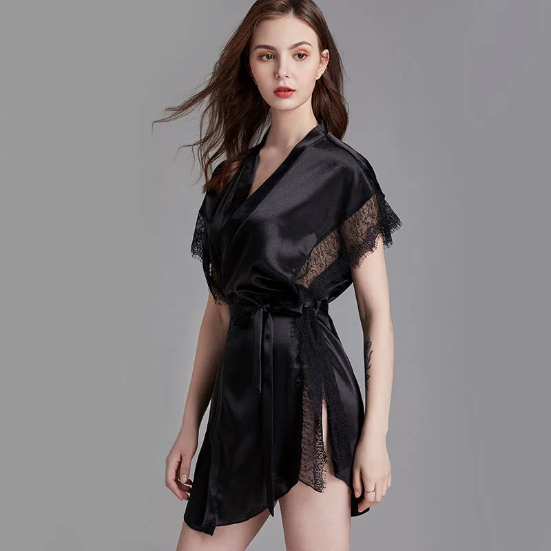 Women Satin Silk Sleep Dress Short Sleeve Lace Robe Dress Pajamas