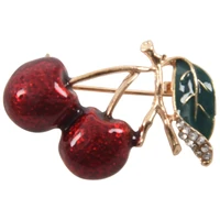 fashion double cherry rhinestone brooch pin branch cerise fruit green leaf badge jewelry christmas gift brooches rosette brosche