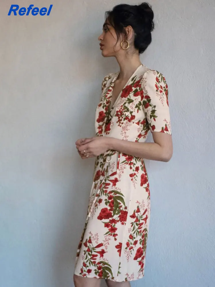 

Summer women mini dress loose floral print sashes red v neck lining holiday short sleeves party short dress