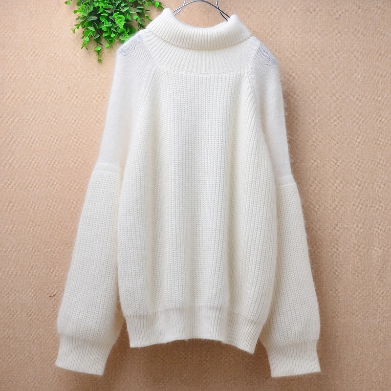 

Female Women Fall WInter White Hairy Angora Rabbit Hair Knitted Long Batwing Sleeves Turtleneck Loose Pullover Jumper Sweater