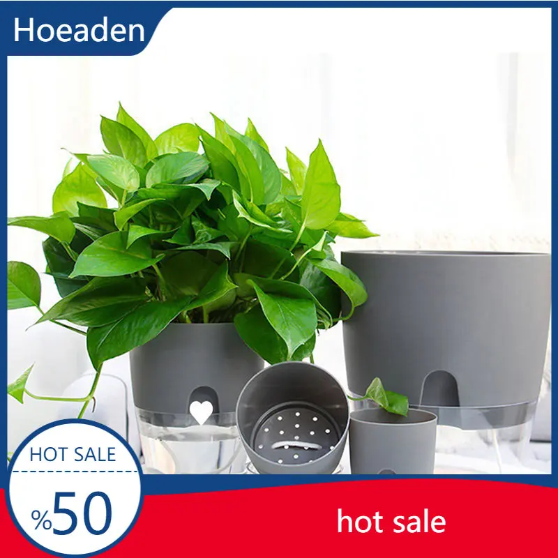 

Transparent Double Layer Plastic Flower Pot Self Watering Flowerpot Cotton Rope Watering Small Plant Pot with Injection Port