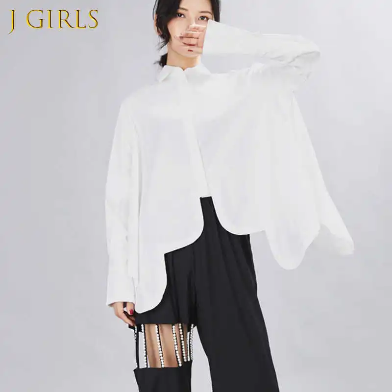 

Pleated Women's Shirts Lapel Long Sleeve Rregular Hem Loose Big Size New Korean Blouses Female 2021 Autumn Clothes