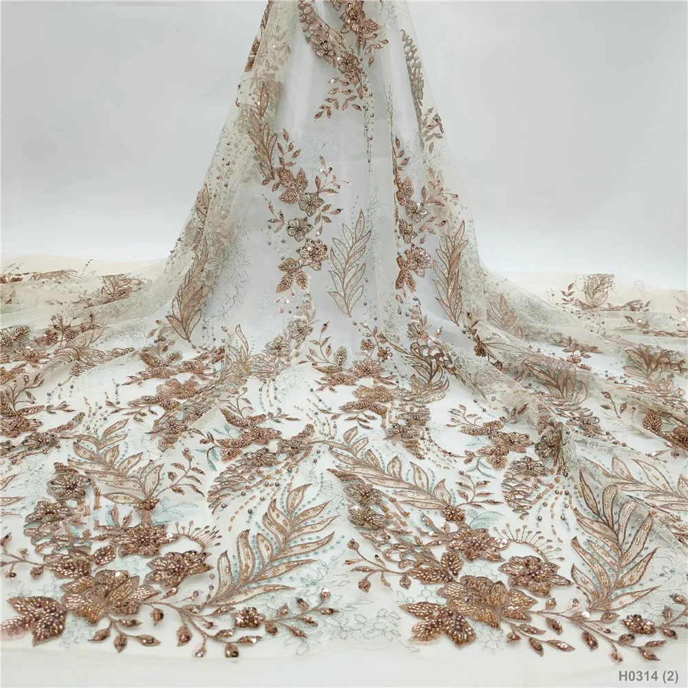 

Nigerian Mesh Lace Fabrics African Handmade Beads Laces Fabrics High Quality French Tulle Lace Fabric for Bridal H0314