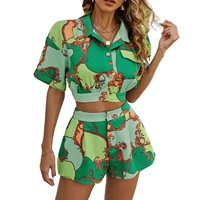 fashion women 2pcs beach style clothes set contrast color printed lapel short sleeve crop shirts tops with high waist shorts set