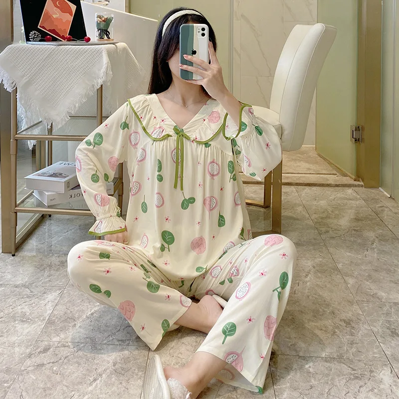 1 spring and summer new style pajamas women's long-sleeved trousers 40 cotton silk suit petal V-neck quality household clothes