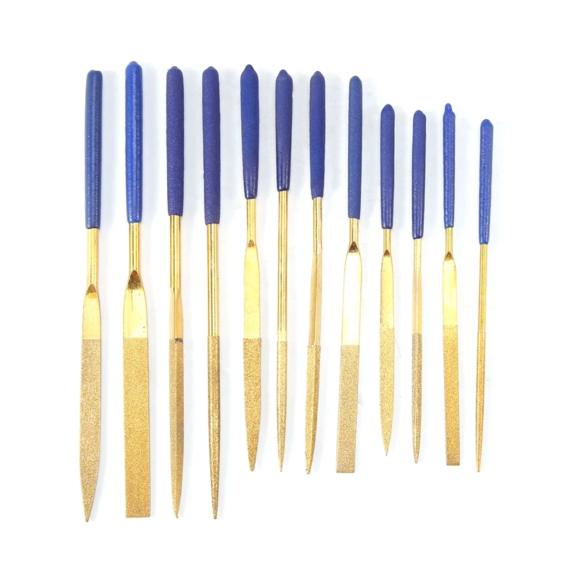 

12Pcs Titanium Coated Diamond Files Set Soft Rubber Handles Variety Shapes Diamond Needle Files For Metal Glass Ceramics