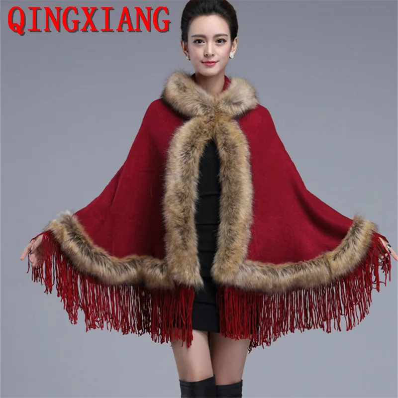 3 Color Winter Warm Faux Fur Collar Knitted Tassels Loose Poncho Autumn Cashmere Women Big Pendulum Cardigan Shawl Coat With Hat