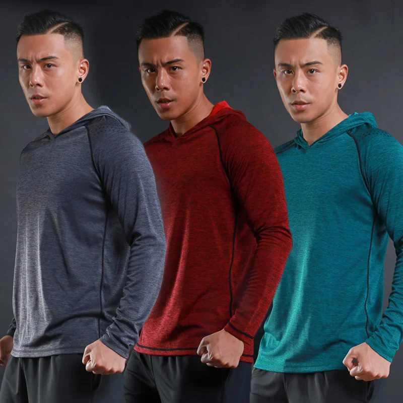 Gym Mens Sport Hoodies Bodybuilding Fitness T-shirt Sportswear Male Jogging Hooded Clothing Casual Breathable Tops Rashguard