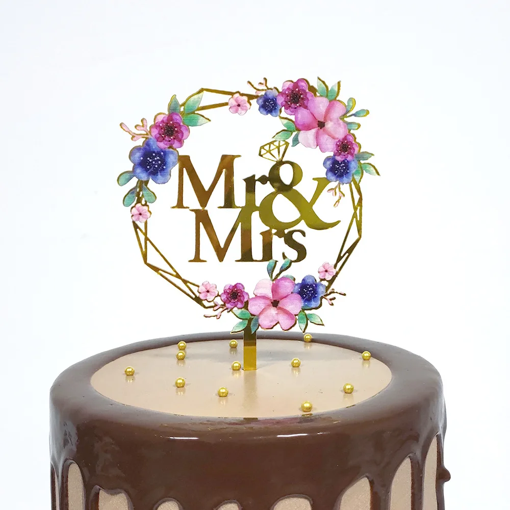 Фото Цветные свадебные блестящие золотые цветы Mrs & Mrs, акриловые топы для торта невесты и жениха для счастливой свадьбы №4