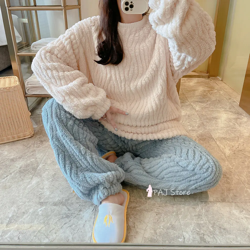 Women Contrast Color Winter Flannel Warm Pajamas Set Thickness Sleepwear Suit Soft Pajamas for Female Pant 2 Pieces Sweater