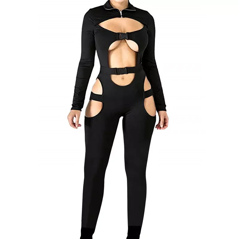 

Sexy Women Bodycon Jumpsuit Solid Color Overalls Long Sleeves Rompers Bodysuits High Neck Hollow Out Buckle Biker Short Clubwear
