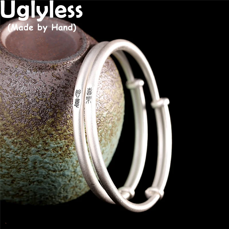 

Uglyless Charming Chinese RUYI XILE Best Wishes Gifts Jewelry for Women Push-pull Adjusted 999 Full Silver Bangles Ethnic Bijoux