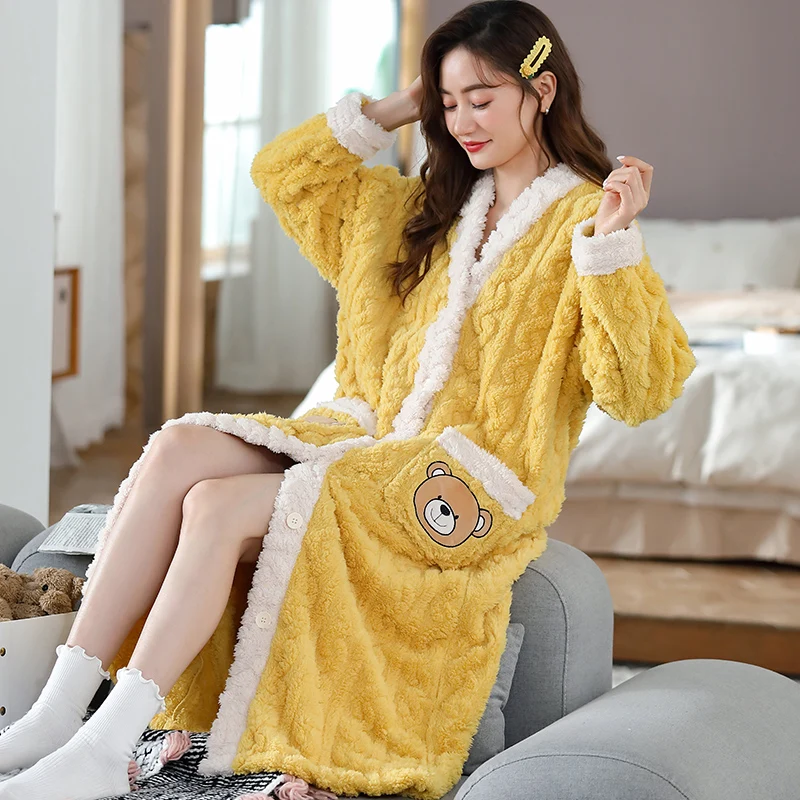 Women Thermal Luxury Flannel Long Bath Robe Winter Sexy Coral Fleece Bathrobe Warm Kimono Dressing Gown Bridesmaid Robes