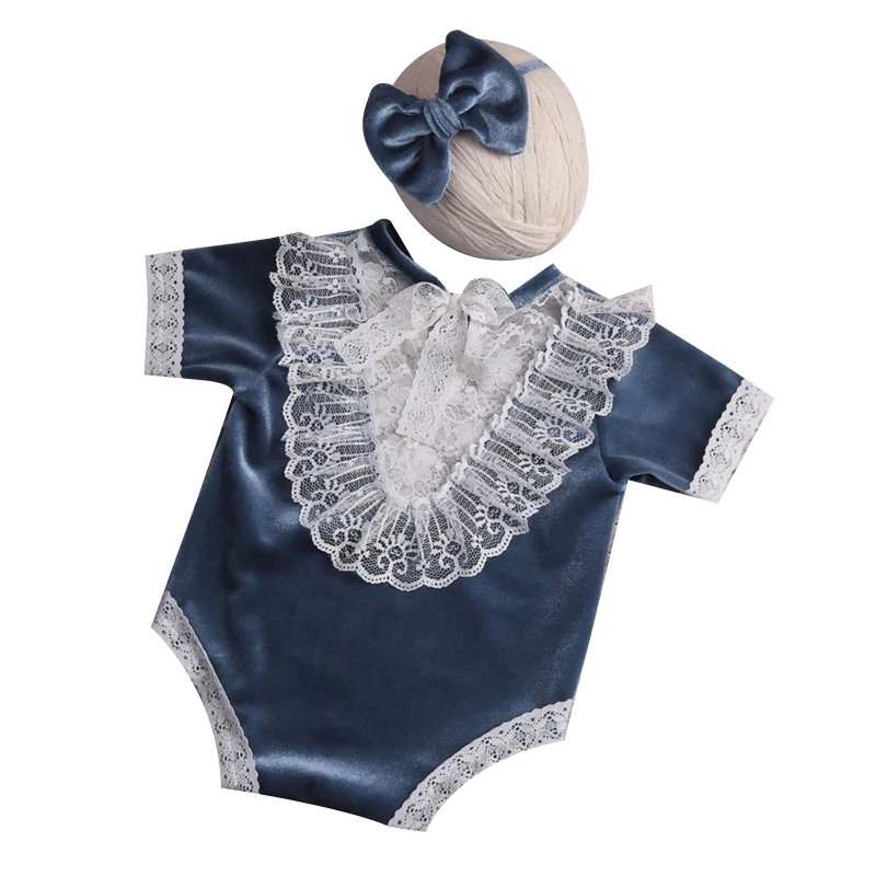 

Newborn Photo Suit Short-sleeve Romper Lace Neckline Bow Hair Tie Infant Clothes