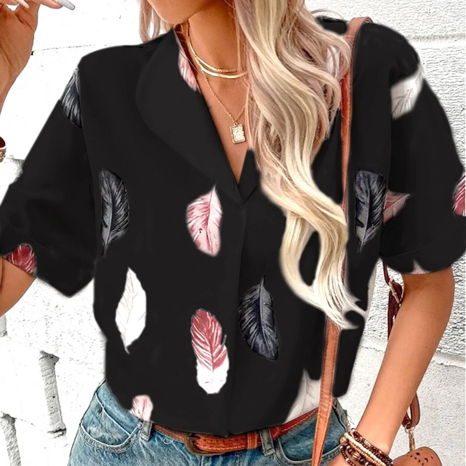 

Summer Boho Loose Shirts Women's Blouses Vintage Plume Print Button Down Pullover Tops V Neck Business Short Sleeve Blusas Mujer