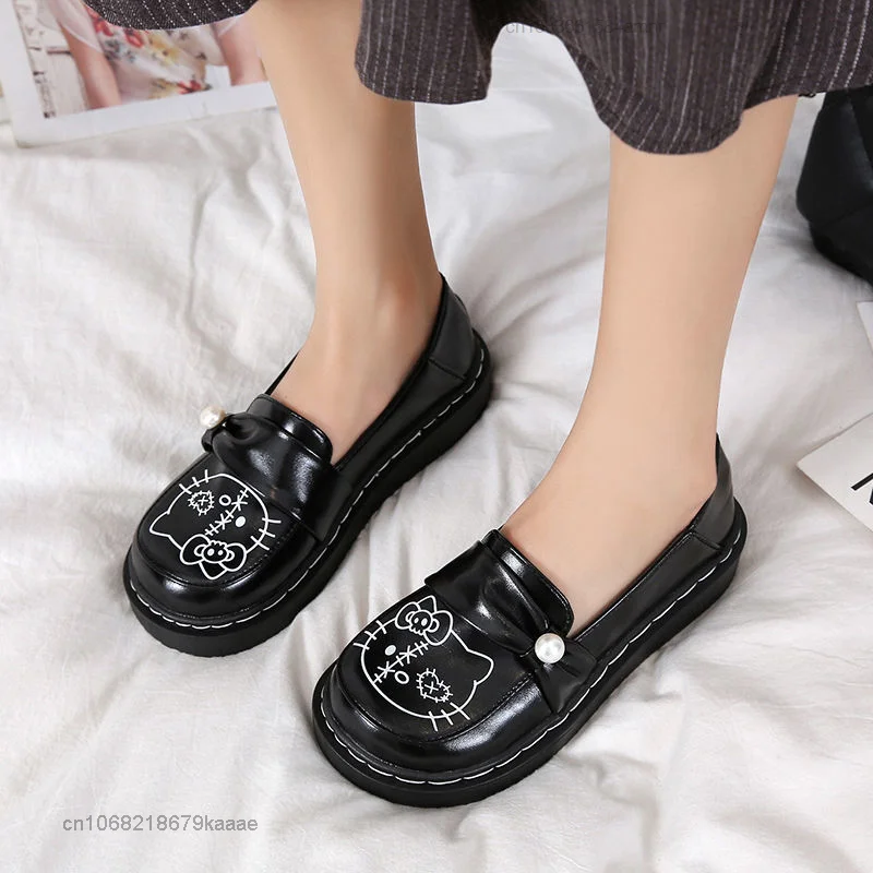 Hello Kitty Shoes JK Round Head Japanese Korean Style Flat Bottom Soft Leather Shoes Women Student Fashion Outside Lolita Shoes