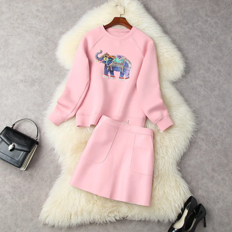 

2022 New Long-sleeved Beaded Elephant Hoodie Skirts Fashion Space Cotton Suit European and American Women's Clothing Winter