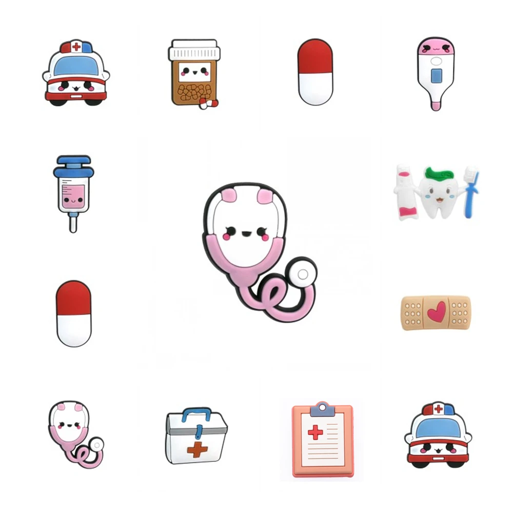 1PCS PVC Brooches Ambulance Medicine Bottle Infusion Thermometer Pill Band Aid Tooth Syringe Medical Kits Icons Trinket |
