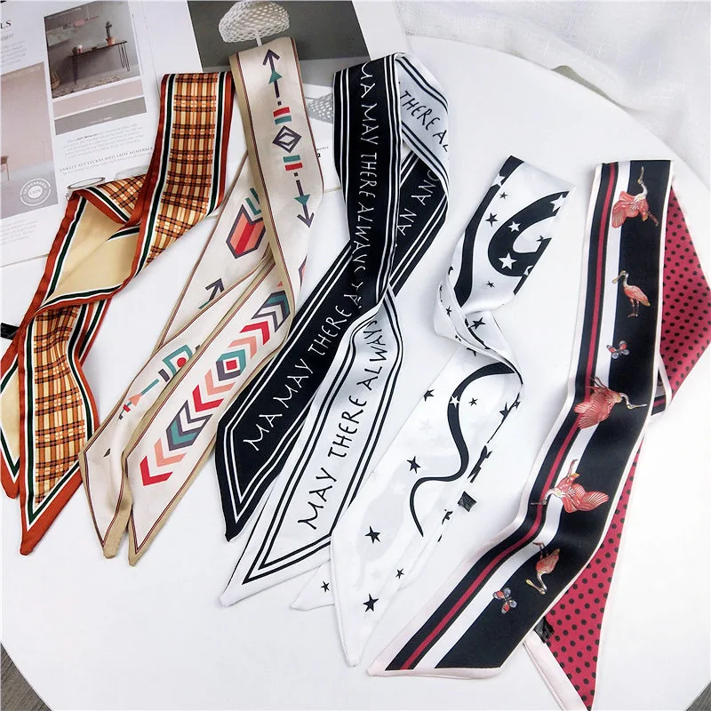 

Popural Letter Print Long Scarf for Women Narrow Ribbon Headband Female Neckerchief Handle Bag Band Bandana Hair Tie Accessories